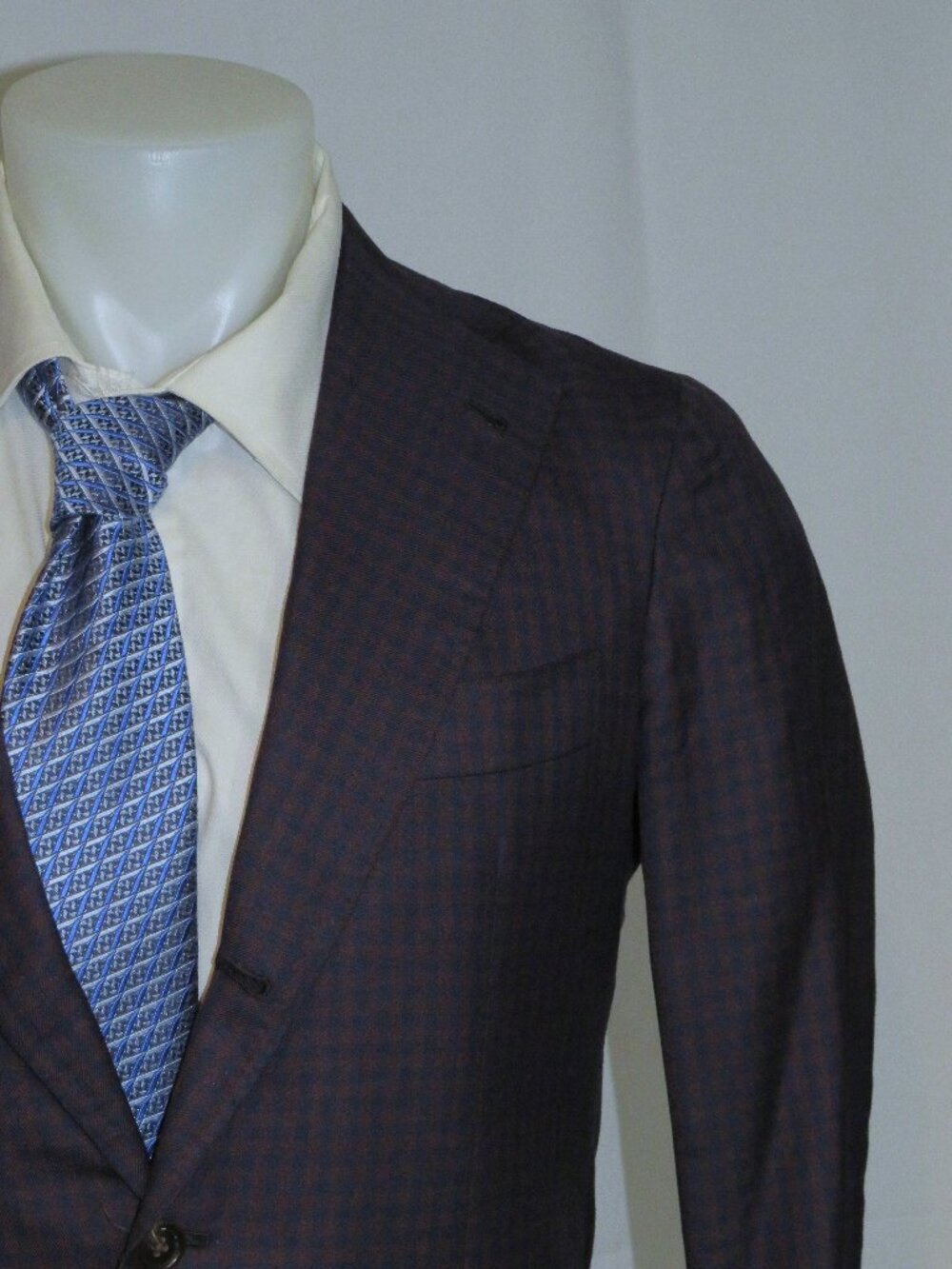 Orazio Luciano Maroon & Blue Check Silk Blend Three Roll Two Sport Coat 38